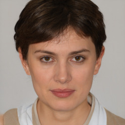 Neutral white young-adult female with short  brown hair and brown eyes