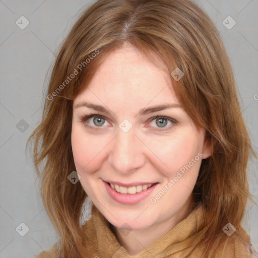 Joyful white young-adult female with medium  brown hair and blue eyes