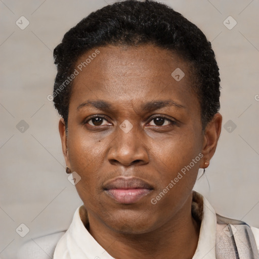 Neutral black adult female with short  black hair and brown eyes