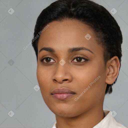 Neutral black young-adult female with short  black hair and brown eyes