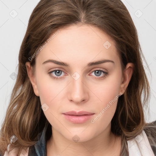 Neutral white young-adult female with long  brown hair and grey eyes