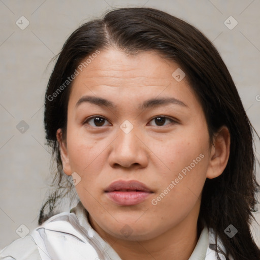 Joyful white young-adult female with medium  brown hair and brown eyes