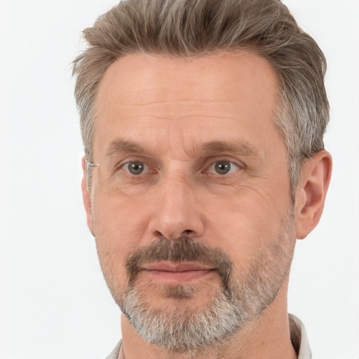 Neutral white middle-aged male with short  brown hair and brown eyes