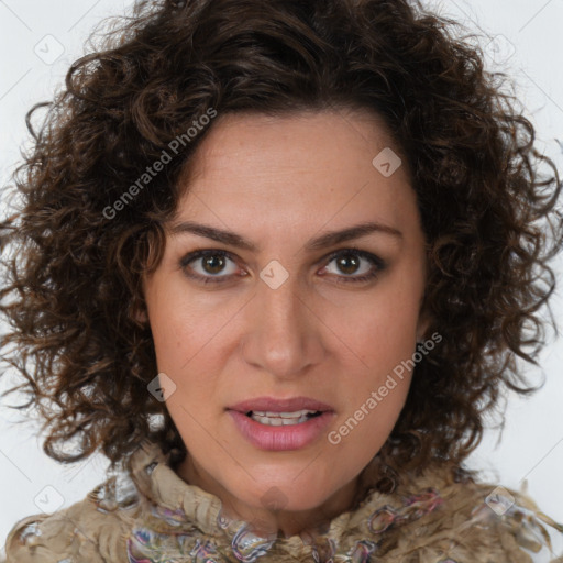 Joyful white young-adult female with medium  brown hair and green eyes