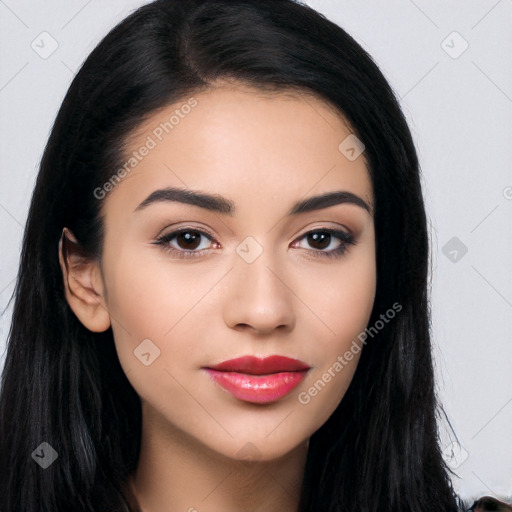 Joyful latino young-adult female with long  black hair and brown eyes