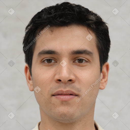 Neutral asian young-adult male with short  black hair and brown eyes