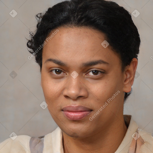 Joyful latino young-adult female with short  black hair and brown eyes