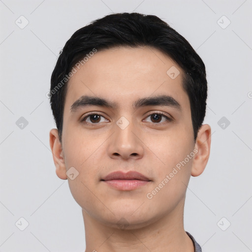 Neutral asian young-adult male with short  black hair and brown eyes