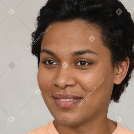 Joyful latino young-adult female with short  brown hair and brown eyes