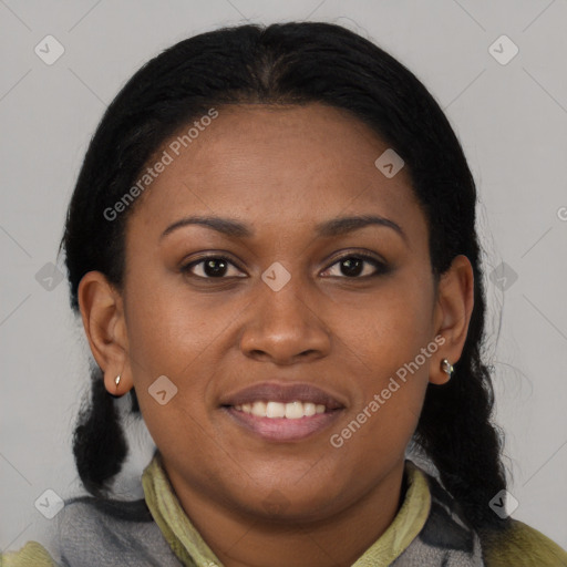 Joyful black young-adult female with medium  black hair and brown eyes