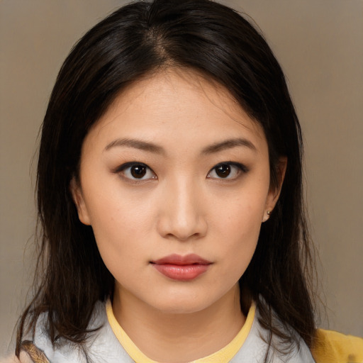 Neutral asian young-adult female with medium  brown hair and brown eyes