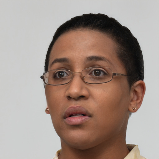 Neutral latino young-adult female with short  black hair and brown eyes