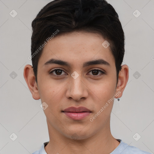 Joyful white young-adult male with short  black hair and brown eyes