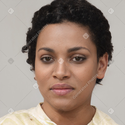 Joyful latino young-adult female with short  black hair and brown eyes