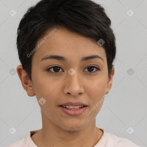 Joyful asian young-adult female with short  brown hair and brown eyes