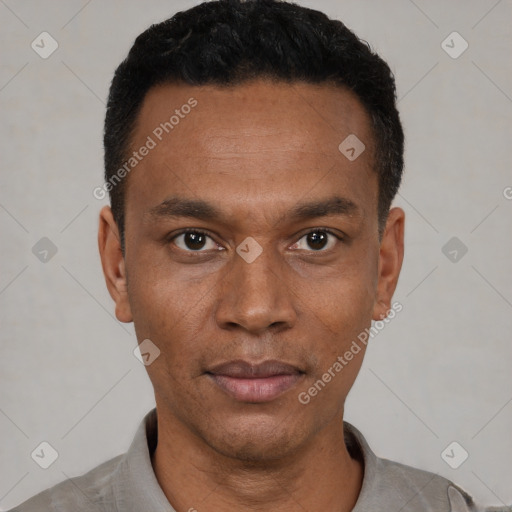 Neutral latino young-adult male with short  black hair and brown eyes