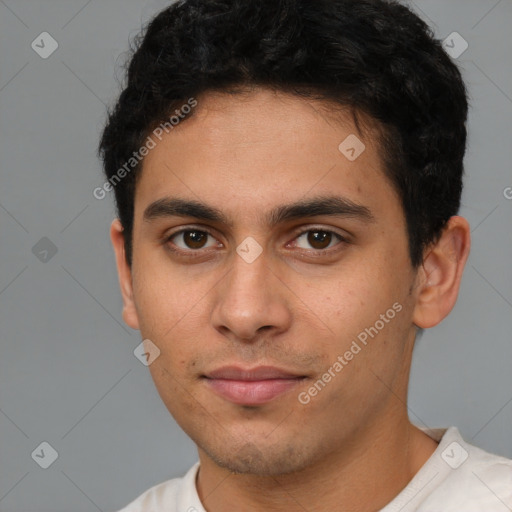 Neutral latino young-adult male with short  brown hair and brown eyes