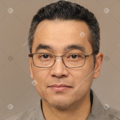 Joyful white adult male with short  black hair and brown eyes