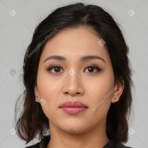 Joyful white young-adult female with medium  brown hair and brown eyes