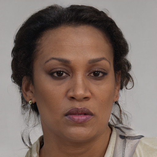 Joyful black adult female with short  brown hair and brown eyes