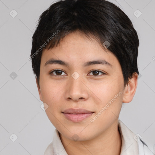 Joyful asian young-adult female with short  brown hair and brown eyes