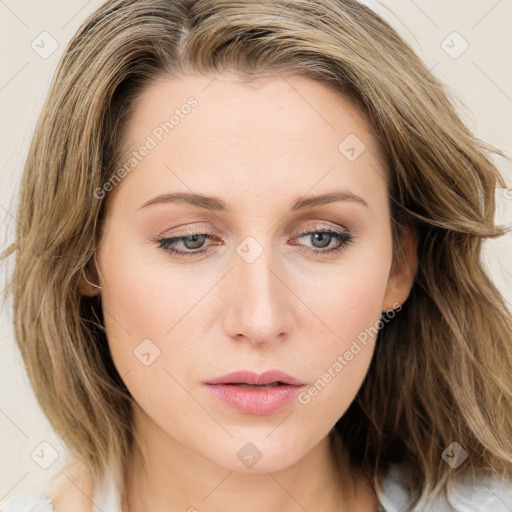 Neutral white young-adult female with long  brown hair and green eyes