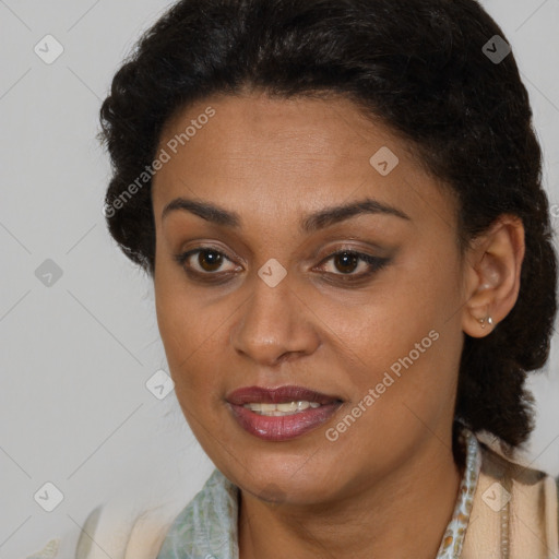 Joyful latino young-adult female with short  brown hair and brown eyes