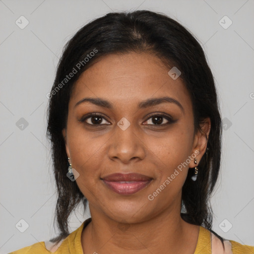 Joyful black young-adult female with medium  brown hair and brown eyes