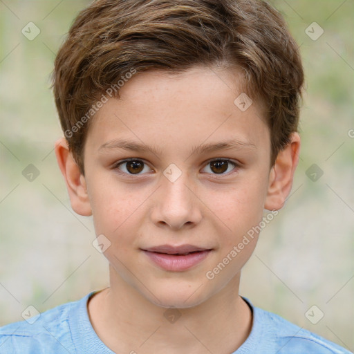 Joyful white child male with short  brown hair and brown eyes