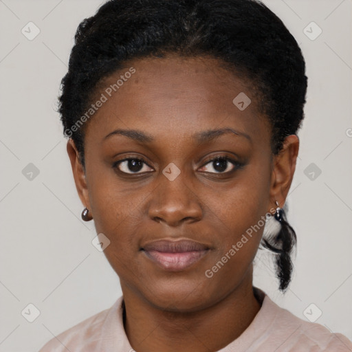 Neutral black young-adult female with short  black hair and brown eyes