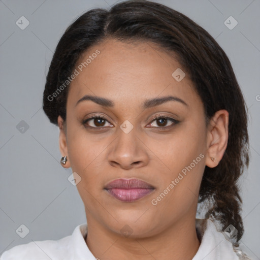 Joyful latino young-adult female with medium  brown hair and brown eyes