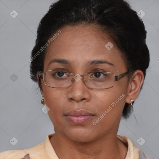 Joyful asian adult female with short  brown hair and brown eyes