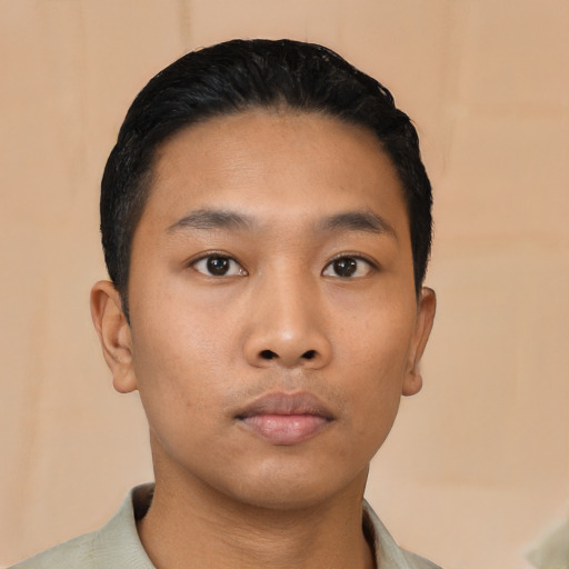 Neutral asian young-adult male with short  black hair and brown eyes