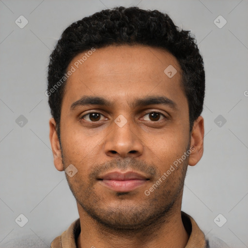 Neutral latino young-adult male with short  black hair and brown eyes