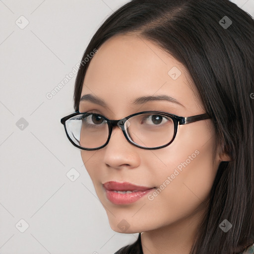 Neutral white young-adult female with long  black hair and brown eyes