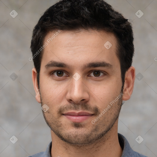 Neutral white young-adult male with short  brown hair and brown eyes