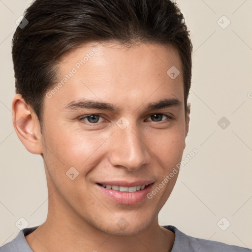 Joyful white young-adult male with short  brown hair and brown eyes