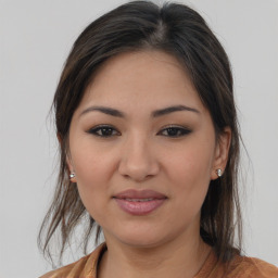 Joyful white young-adult female with medium  brown hair and brown eyes