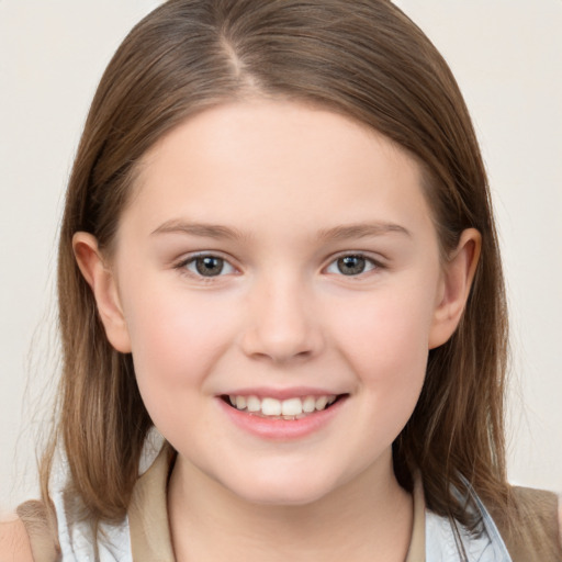 Joyful white child female with medium  brown hair and brown eyes