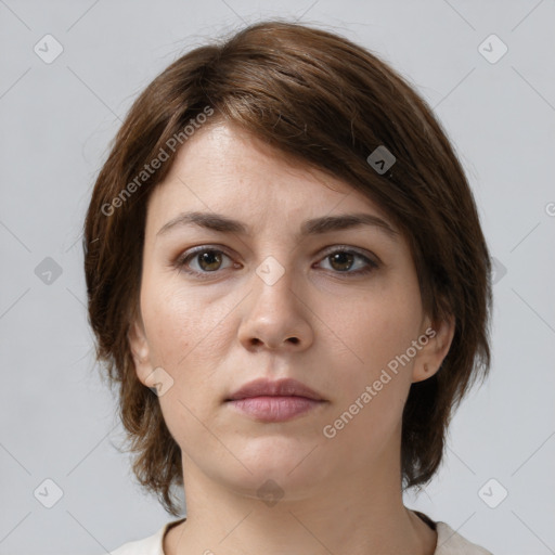 Neutral white young-adult female with medium  brown hair and brown eyes