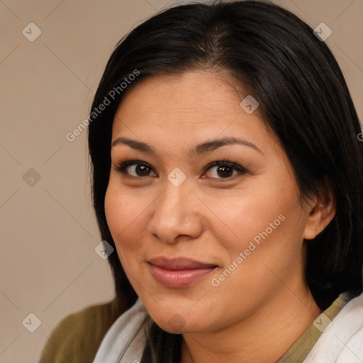 Joyful latino young-adult female with medium  brown hair and brown eyes