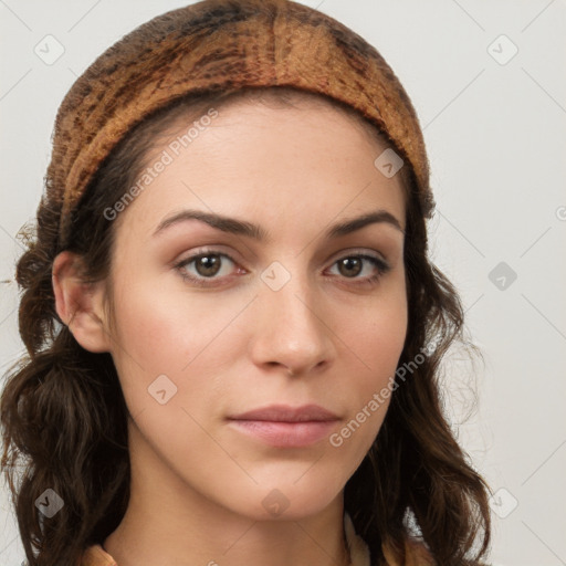 Neutral white young-adult female with medium  brown hair and brown eyes