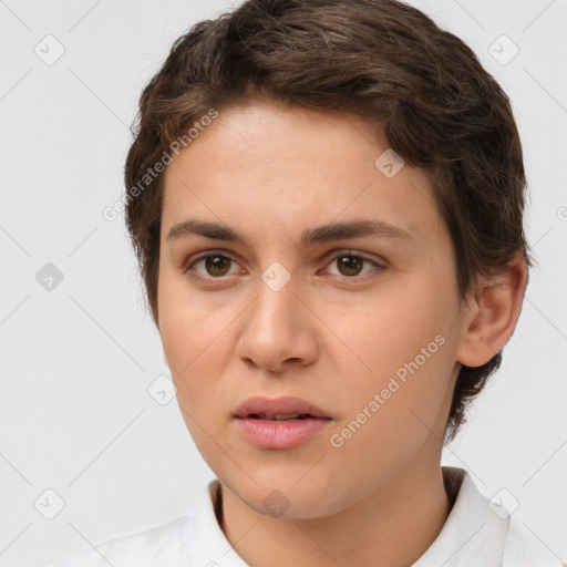 Neutral white young-adult female with short  brown hair and brown eyes