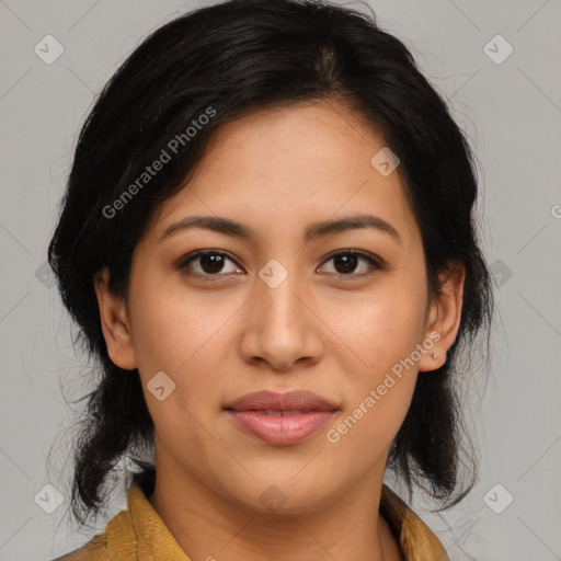 Joyful latino young-adult female with medium  brown hair and brown eyes