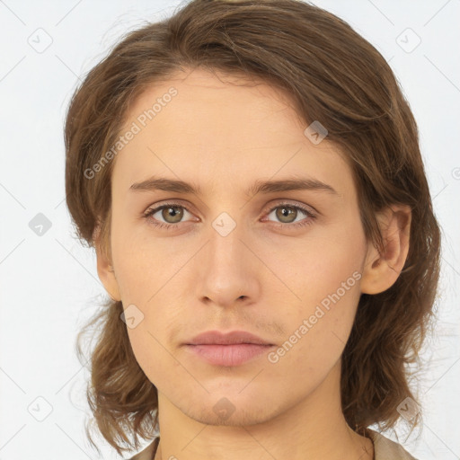 Neutral white young-adult female with medium  brown hair and brown eyes