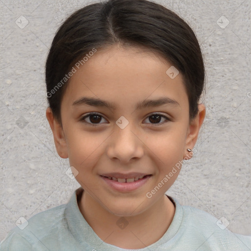 Joyful white child female with short  brown hair and brown eyes