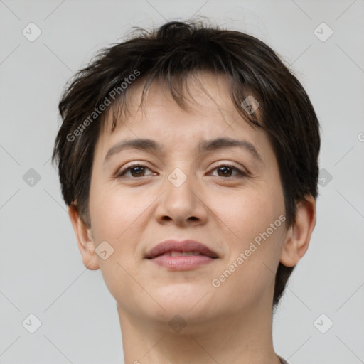 Joyful white young-adult female with short  brown hair and brown eyes