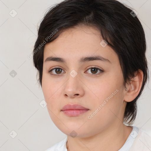 Neutral white young-adult female with medium  brown hair and brown eyes