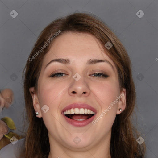 Joyful white adult female with medium  brown hair and grey eyes