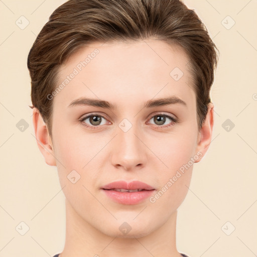 Neutral white young-adult female with short  brown hair and brown eyes